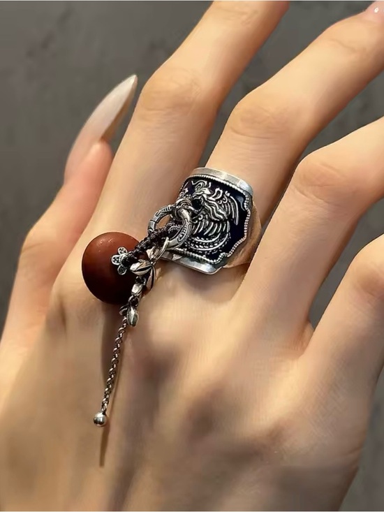 Anthropologie Jewelry - Silver Lion Signet Ring with Brown Bead Charm